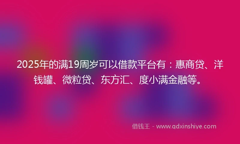 2025年的满19周岁可以借款平台有：惠商贷、洋钱罐、微粒贷、东方汇、度小满金融等。