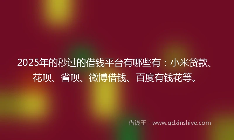 2025年的秒过的借钱平台有哪些有：小米贷款、花呗、省呗、微博借钱、百度有钱花等。