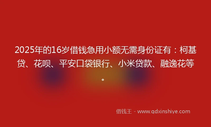 2025年的16岁借钱急用小额无需身份证有：柯基贷、花呗、平安口袋银行、小米贷款、融逸花等。
