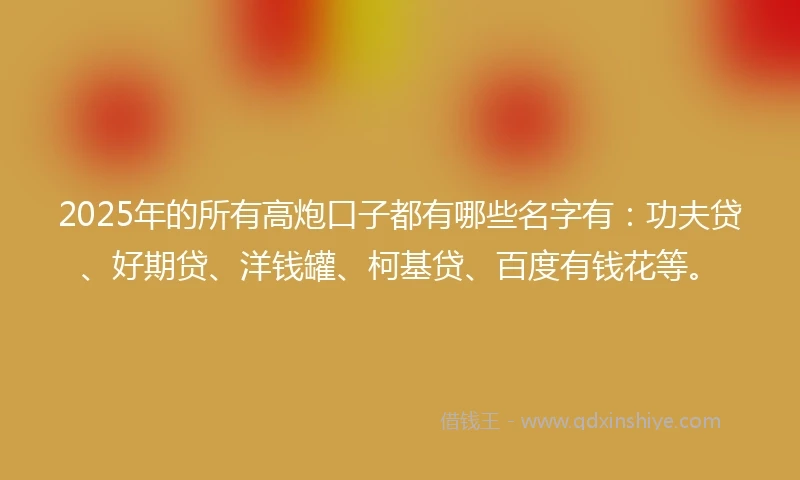 2025年的所有高炮口子都有哪些名字有：功夫贷、好期贷、洋钱罐、柯基贷、百度有钱花等。
