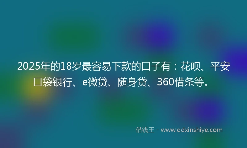 2025年的18岁最容易下款的口子有：花呗、平安口袋银行、e微贷、随身贷、360借条等。