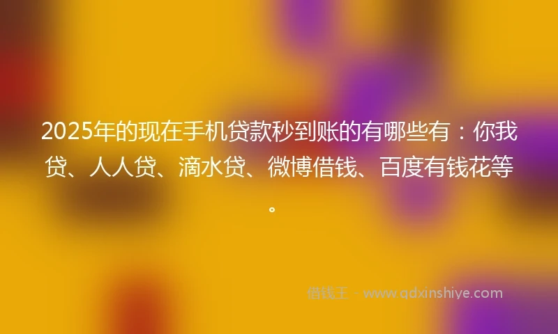 2025年的现在手机贷款秒到账的有哪些有:你我贷、人人贷、滴水贷、微博借钱、百度有钱花等。