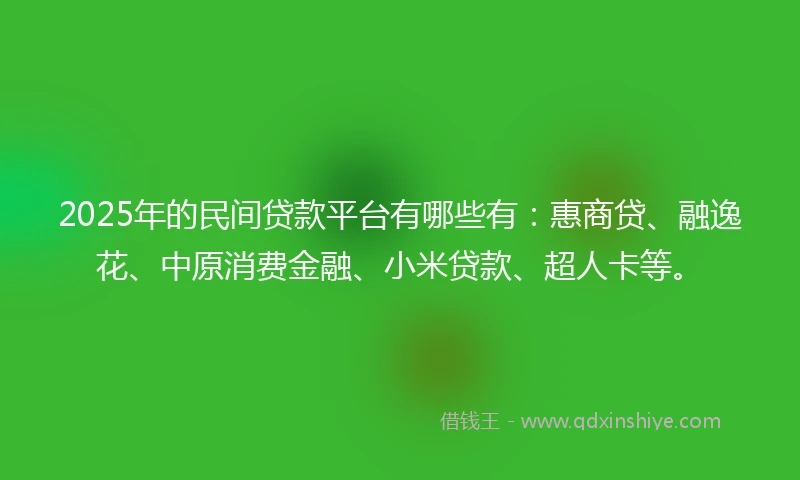 2025年的民间贷款平台有哪些有：惠商贷、融逸花、中原消费金融、小米贷款、超人卡等。