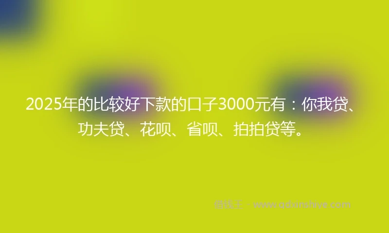 2025年的比较好下款的口子3000元有：你我贷、功夫贷、花呗、省呗、拍拍贷等。