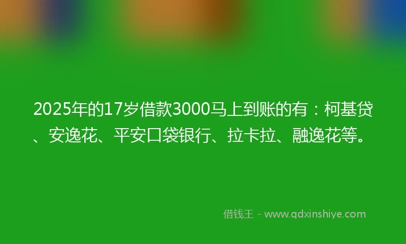 2025年的17岁借款3000马上到账的有：柯基贷、安逸花、平安口袋银行、拉卡拉、融逸花等。