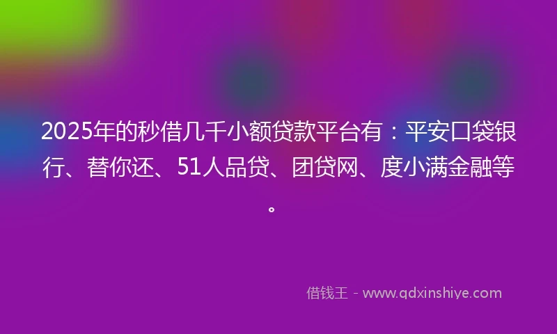 2025年的秒借几千小额贷款平台有：平安口袋银行、替你还、51人品贷、团贷网、度小满金融等。