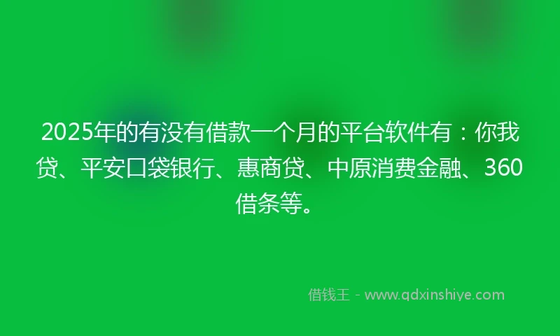 2025年的有没有借款一个月的平台软件有：你我贷、平安口袋银行、惠商贷、中原消费金融、360借条等。