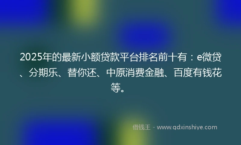 2025年的最新小额贷款平台排名前十有：e微贷、分期乐、替你还、中原消费金融、百度有钱花等。