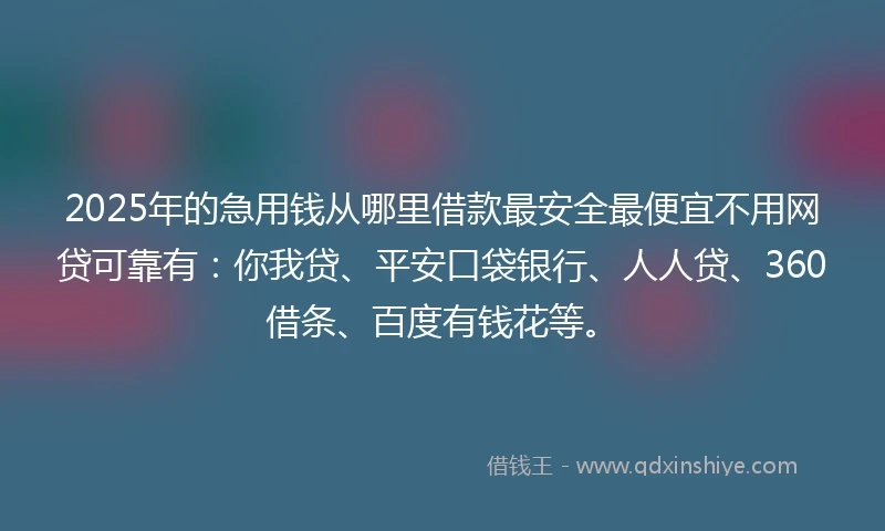 2025年的急用钱从哪里借款最安全最便宜不用网贷可靠有：你我贷、平安口袋银行、人人贷、360借条、百度有钱花等。