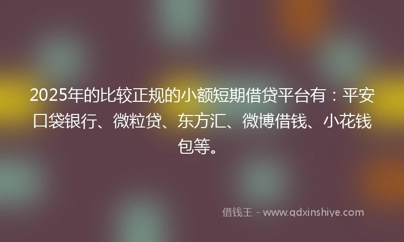 2025年的比较正规的小额短期借贷平台有：平安口袋银行、微粒贷、东方汇、微博借钱、小花钱包等。