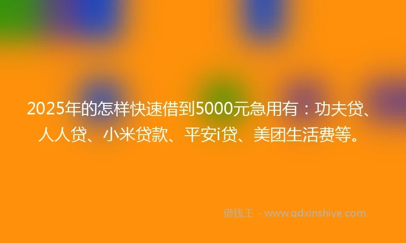 2025年的怎样快速借到5000元急用有：功夫贷、人人贷、小米贷款、平安i贷、美团生活费等。