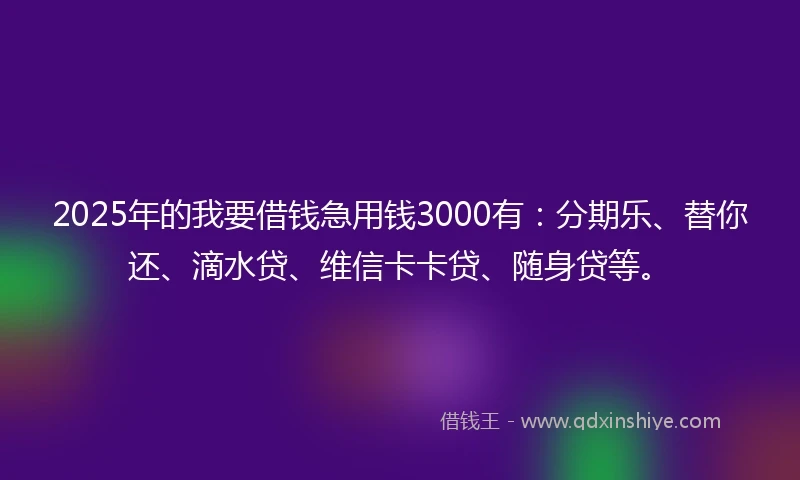 2025年的我要借钱急用钱3000有：分期乐、替你还、滴水贷、维信卡卡贷、随身贷等。