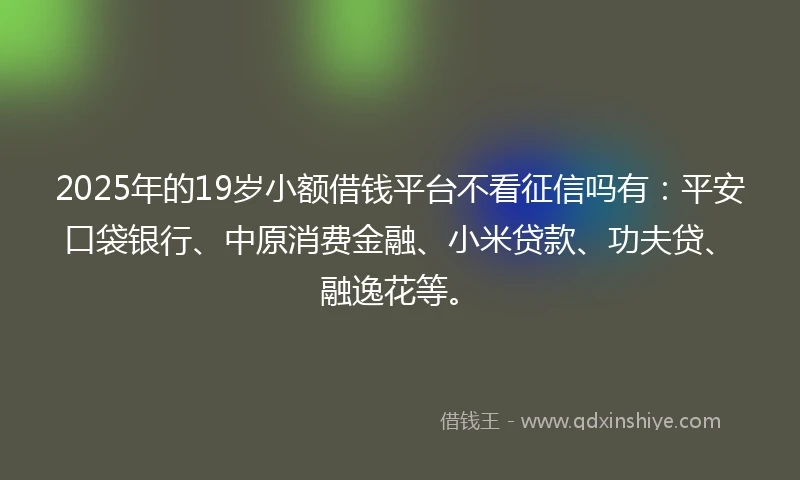 2025年的19岁小额借钱平台不看征信吗有：平安口袋银行、中原消费金融、小米贷款、功夫贷、融逸花等。