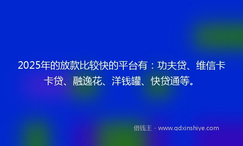 2025年的放款比较快的平台有：功夫贷、维信卡卡贷、融逸花、洋钱罐、快贷通等。