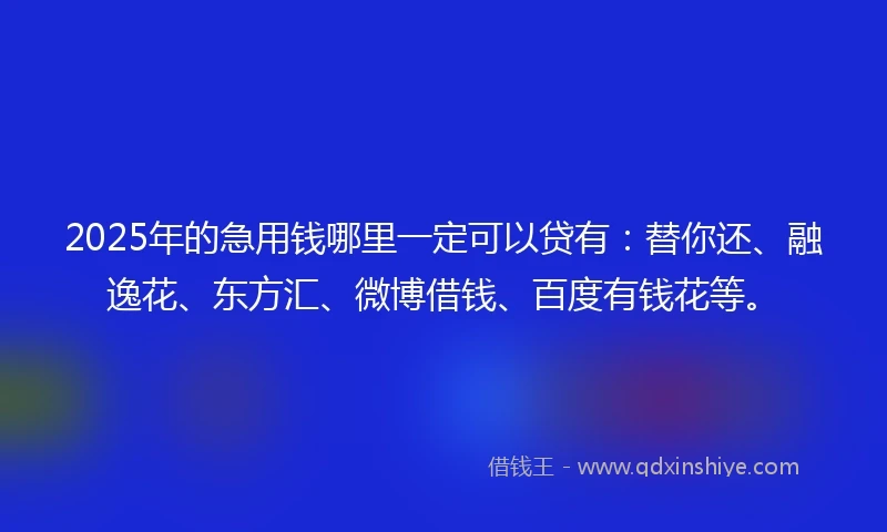 2025年的急用钱哪里一定可以贷有：替你还、融逸花、东方汇、微博借钱、百度有钱花等。
