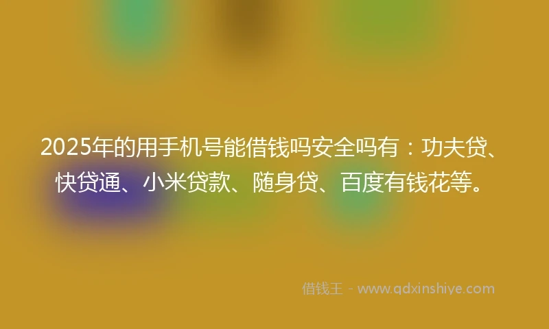 2025年的用手机号能借钱吗安全吗有：功夫贷、快贷通、小米贷款、随身贷、百度有钱花等。