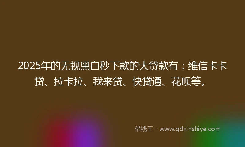 2025年的无视黑白秒下款的大贷款有：维信卡卡贷、拉卡拉、我来贷、快贷通、花呗等。
