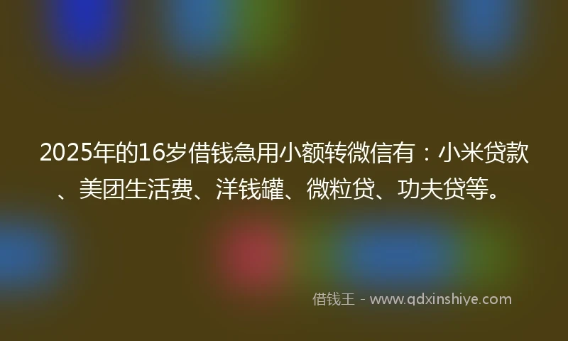 2025年的16岁借钱急用小额转微信有：小米贷款、美团生活费、洋钱罐、微粒贷、功夫贷等。
