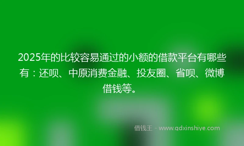 2025年的比较容易通过的小额的借款平台有哪些有：还呗、中原消费金融、投友圈、省呗、微博借钱等。