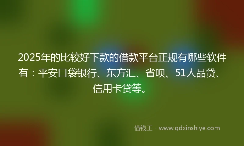 2025年的比较好下款的借款平台正规有哪些软件有：平安口袋银行、东方汇、省呗、51人品贷、信用卡贷等。