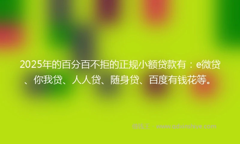 2025年的百分百不拒的正规小额贷款有：e微贷、你我贷、人人贷、随身贷、百度有钱花等。