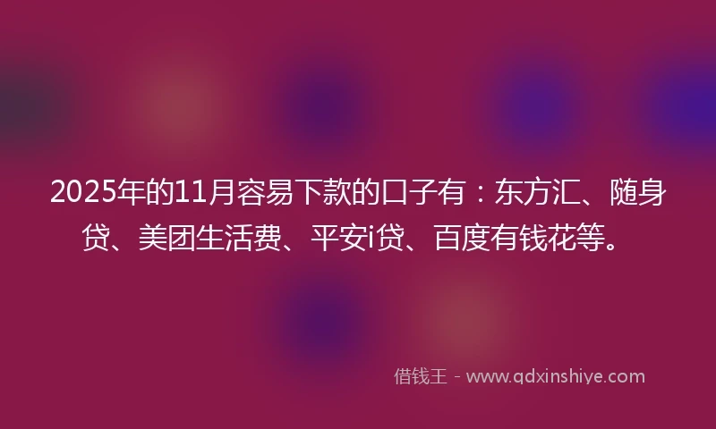 2025年的11月容易下款的口子有：东方汇、随身贷、美团生活费、平安i贷、百度有钱花等。