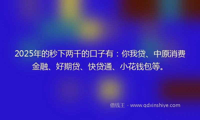 2025年的秒下两千的口子有：你我贷、中原消费金融、好期贷、快贷通、小花钱包等。