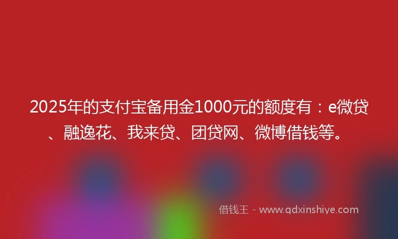 2025年的支付宝备用金1000元的额度有：e微贷、融逸花、我来贷、团贷网、微博借钱等。