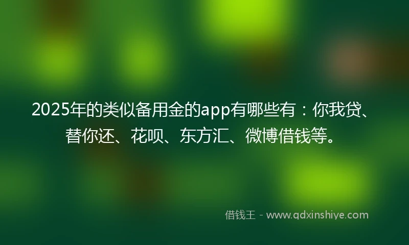 2025年的类似备用金的app有哪些有：你我贷、替你还、花呗、东方汇、微博借钱等。