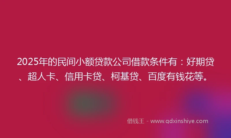 2025年的民间小额贷款公司借款条件有：好期贷、超人卡、信用卡贷、柯基贷、百度有钱花等。