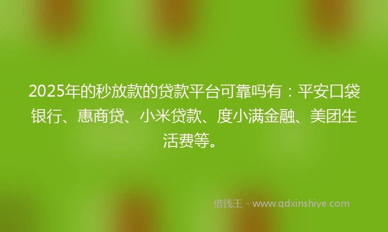 2025年的秒放款的贷款平台可靠吗有：平安口袋银行、惠商贷、小米贷款、度小满金融、美团生活费等。
