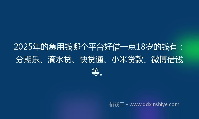 2025年的急用钱哪个平台好借一点18岁的钱有：分期乐、滴水贷、快贷通、小米贷款、微博借钱等。