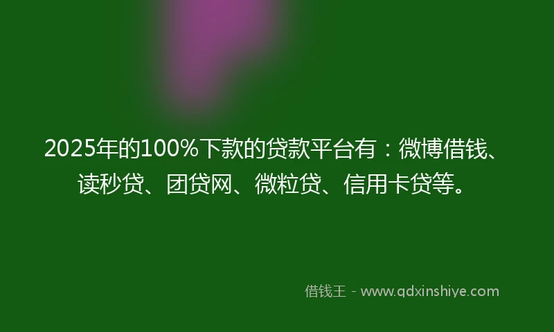 2025年的100%下款的贷款平台有：微博借钱、读秒贷、团贷网、微粒贷、信用卡贷等。