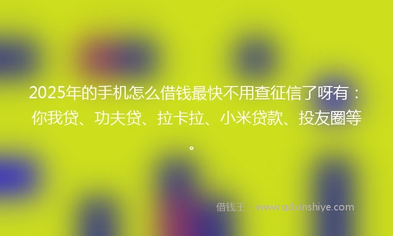 2025年的手机怎么借钱最快不用查征信了呀有：你我贷、功夫贷、拉卡拉、小米贷款、投友圈等。