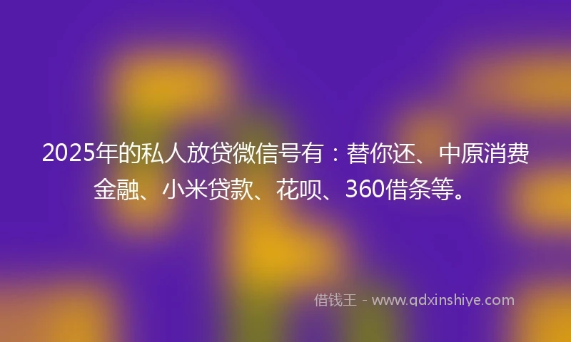 2025年的私人放贷微信号有：替你还、中原消费金融、小米贷款、花呗、360借条等。