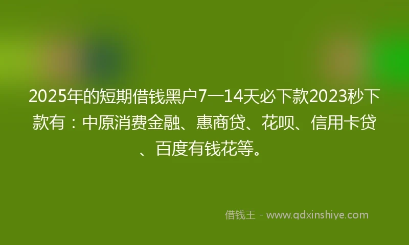 2025年的短期借钱黑户7一14天必下款2023秒下款有：中原消费金融、惠商贷、花呗、信用卡贷、百度有钱花等。