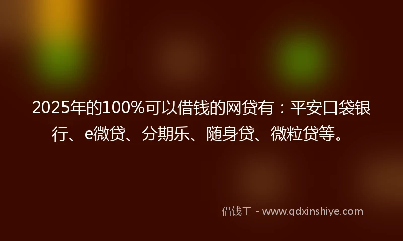 2025年的100%可以借钱的网贷有：平安口袋银行、e微贷、分期乐、随身贷、微粒贷等。