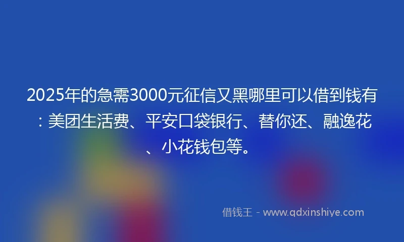 2025年的急需3000元征信又黑哪里可以借到钱有：美团生活费、平安口袋银行、替你还、融逸花、小花钱包等。