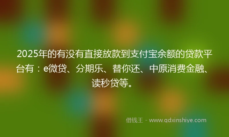 2025年的有没有直接放款到支付宝余额的贷款平台有：e微贷、分期乐、替你还、中原消费金融、读秒贷等。