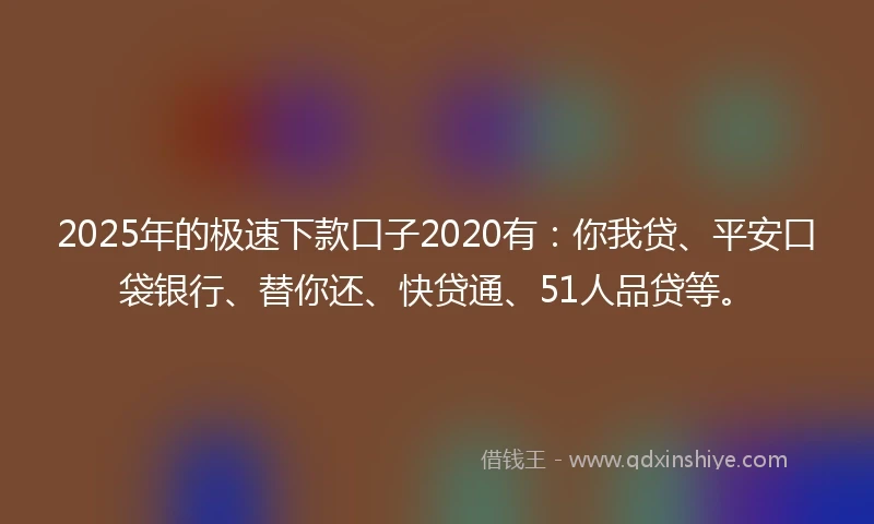 2025年的极速下款口子2020有：你我贷、平安口袋银行、替你还、快贷通、51人品贷等。