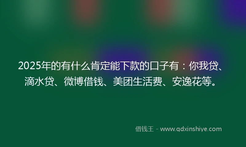 2025年的有什么肯定能下款的口子有：你我贷、滴水贷、微博借钱、美团生活费、安逸花等。