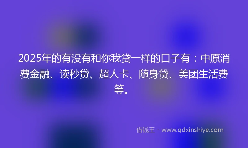 2025年的有没有和你我贷一样的口子有：中原消费金融、读秒贷、超人卡、随身贷、美团生活费等。