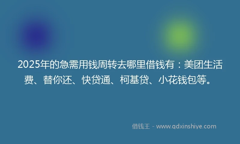 2025年的急需用钱周转去哪里借钱有：美团生活费、替你还、快贷通、柯基贷、小花钱包等。