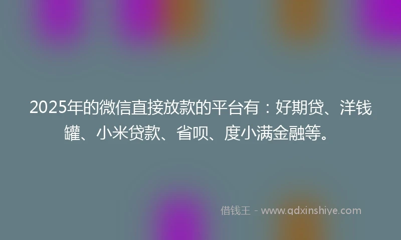 2025年的微信直接放款的平台有：好期贷、洋钱罐、小米贷款、省呗、度小满金融等。