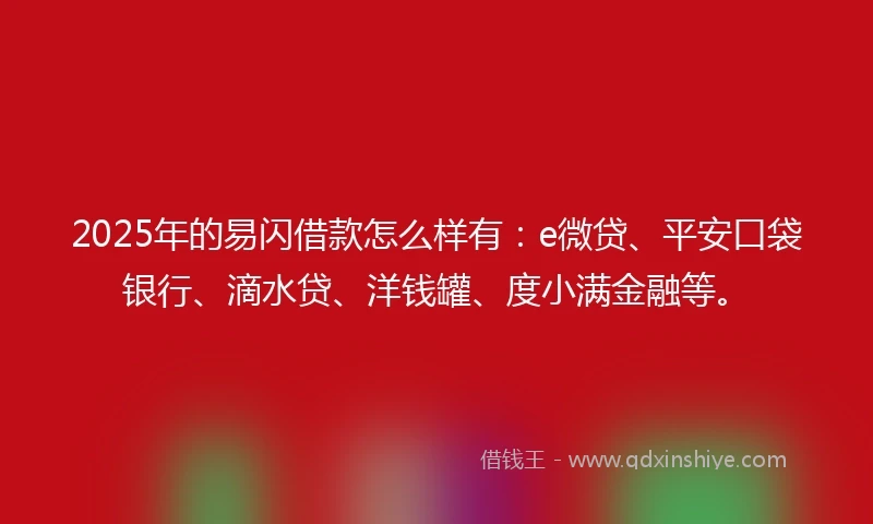2025年的易闪借款怎么样有：e微贷、平安口袋银行、滴水贷、洋钱罐、度小满金融等。
