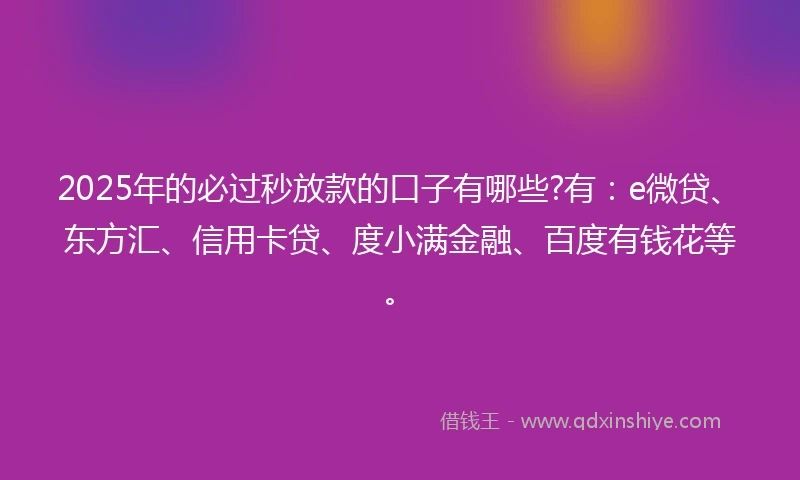 2025年的必过秒放款的口子有哪些?有：e微贷、东方汇、信用卡贷、度小满金融、百度有钱花等。