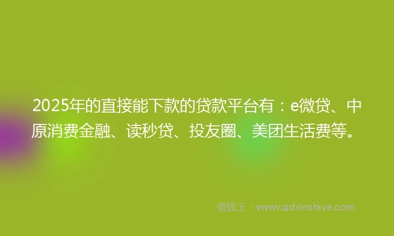 2025年的直接能下款的贷款平台有：e微贷、中原消费金融、读秒贷、投友圈、美团生活费等。