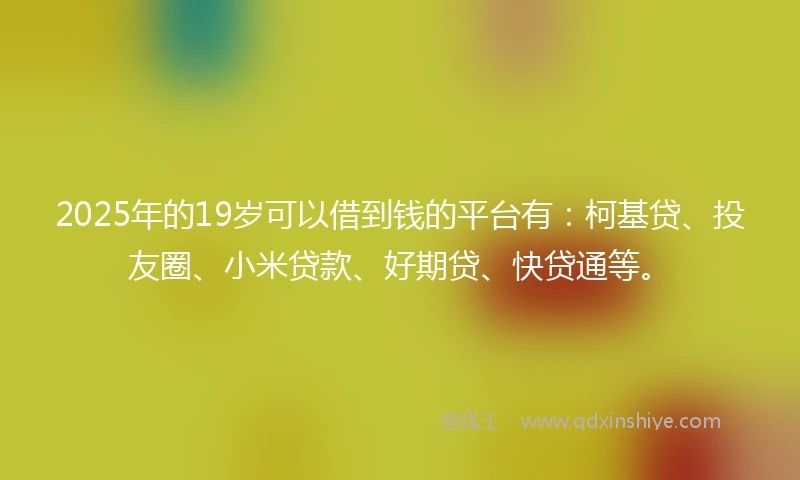 2025年的19岁可以借到钱的平台有：柯基贷、投友圈、小米贷款、好期贷、快贷通等。