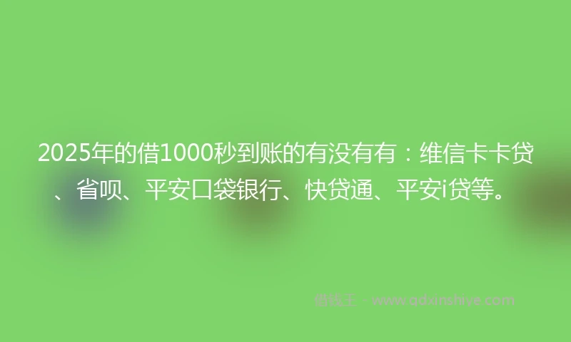 2025年的借1000秒到账的有没有有：维信卡卡贷、省呗、平安口袋银行、快贷通、平安i贷等。