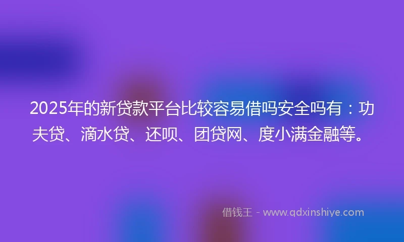 2025年的新贷款平台比较容易借吗安全吗有：功夫贷、滴水贷、还呗、团贷网、度小满金融等。